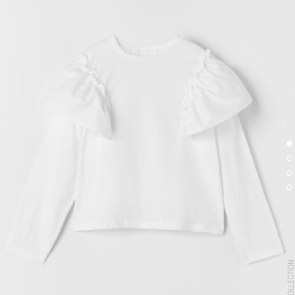 Zara Kids Girls White Ruffle Shoulder Long Sleeve Cotton Top Shirt Size 8 gf